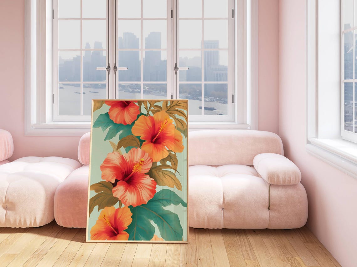 Orange Hibiscus Vintage Botanical Teal Background Tropical Poster