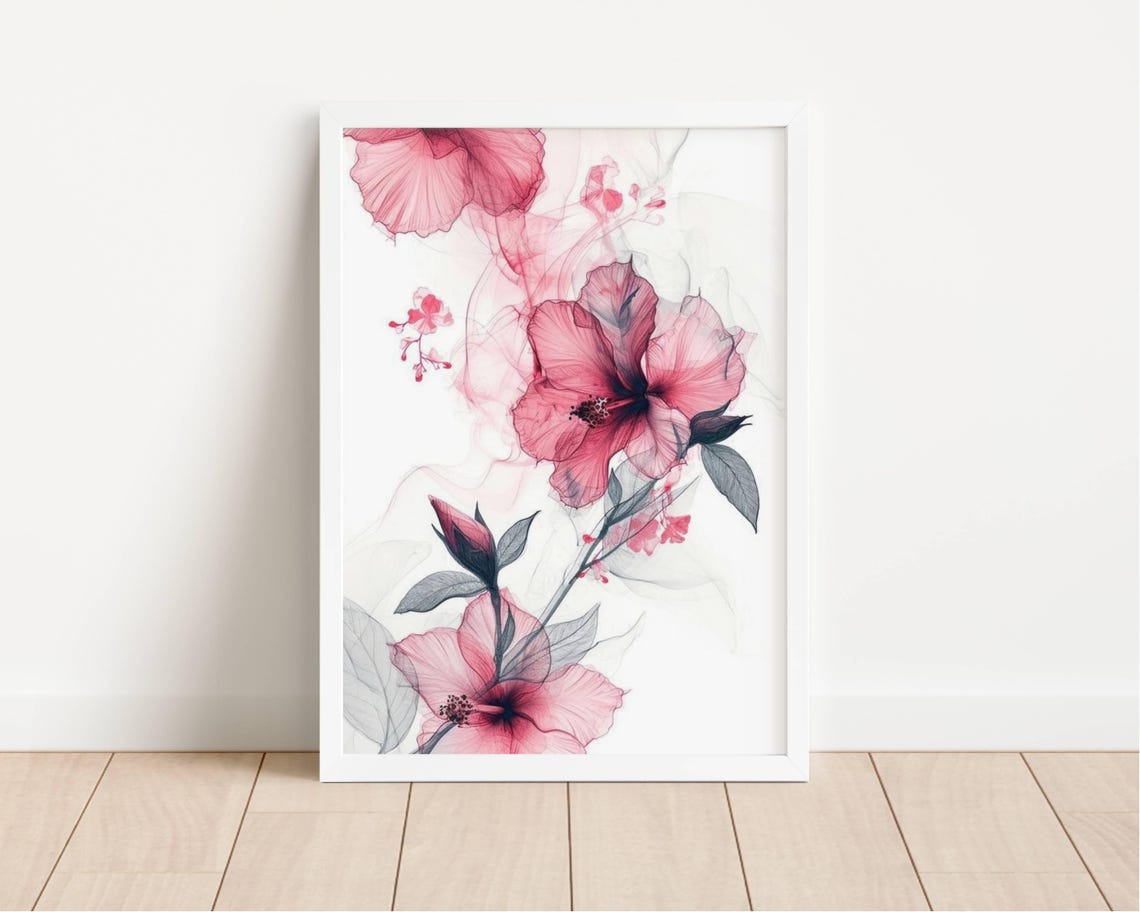 Pink Hibiscus Watercolor Wispy Blooms Grey Leaves Minimalist Print - Image 2