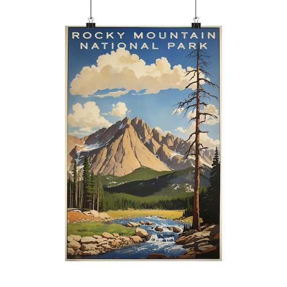 Rocky Mountain National Park Golden Peaks Stream Vintage Art Poster