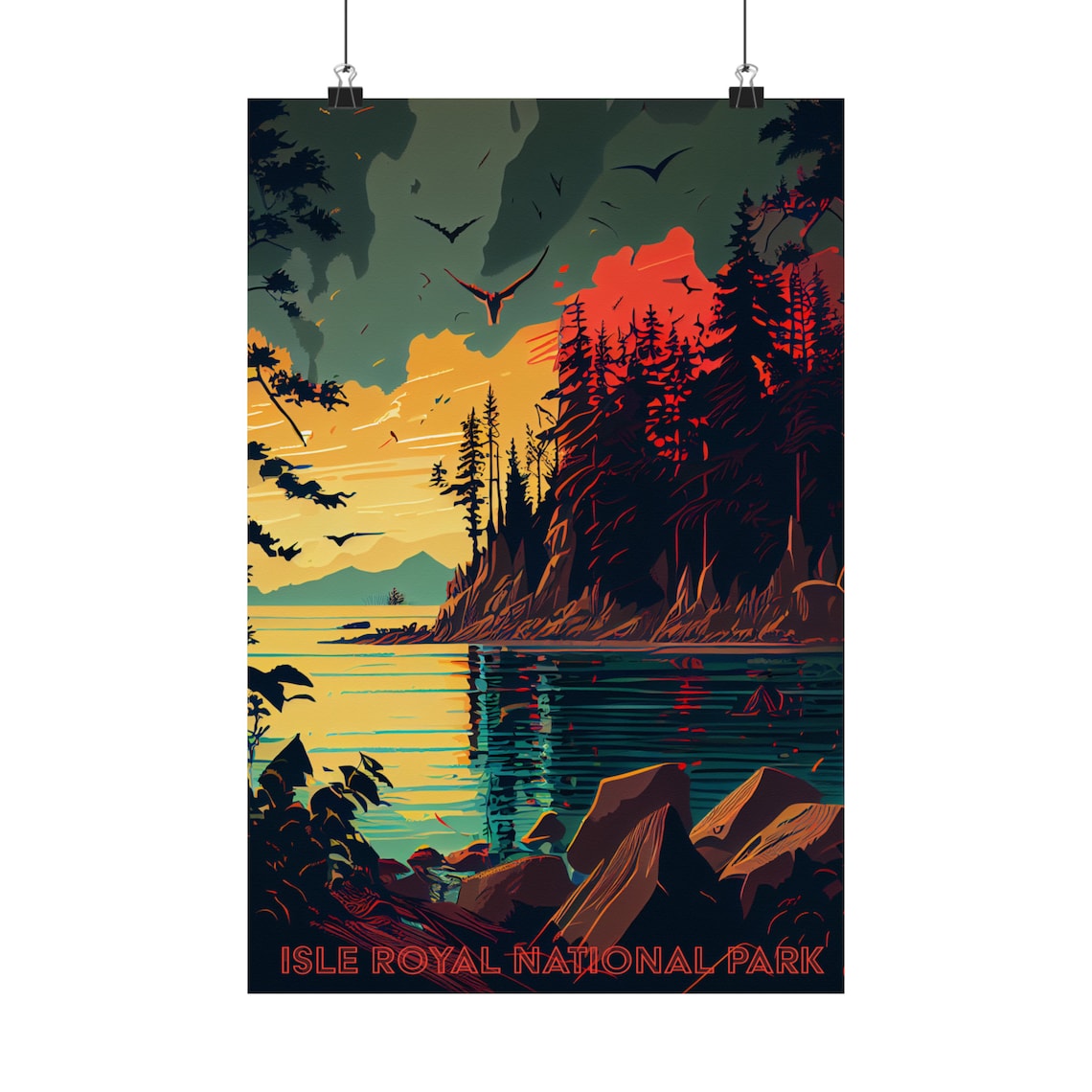Isle Royal National Park Sunset Lake Vintage Travel Wall Poster