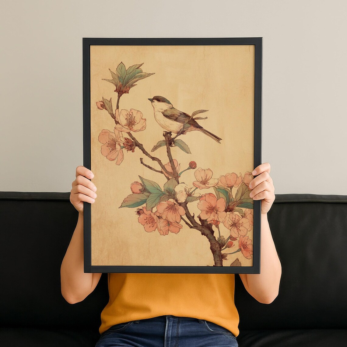 Japanese Songbird Cherry Blossom Branch Vintage Oriental Art Print