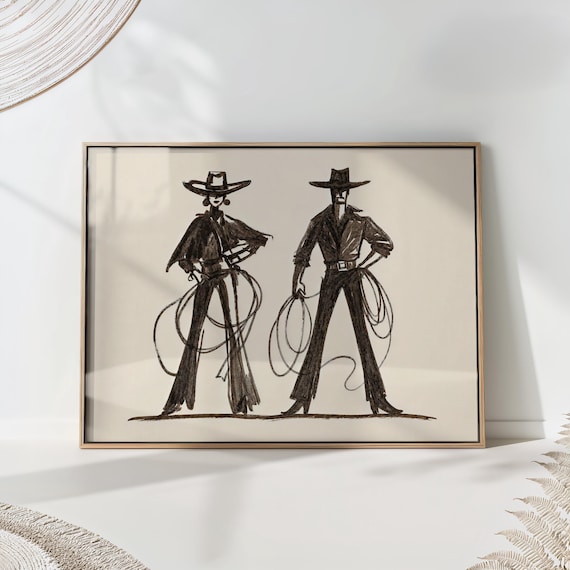 Cowboy And Cowgirl With Lassos Minimal Ink Sketch Western Wall Art