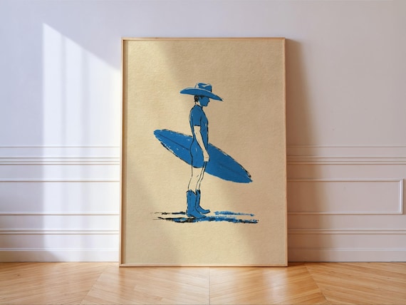 Blue Surf Cowboy Sketch With Surfboard And Cowboy Boots Poster
