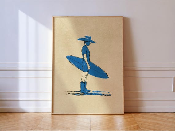 Surf Cowboy Blue Sketch Art Print Western Coastal Wall Decor For Beach House