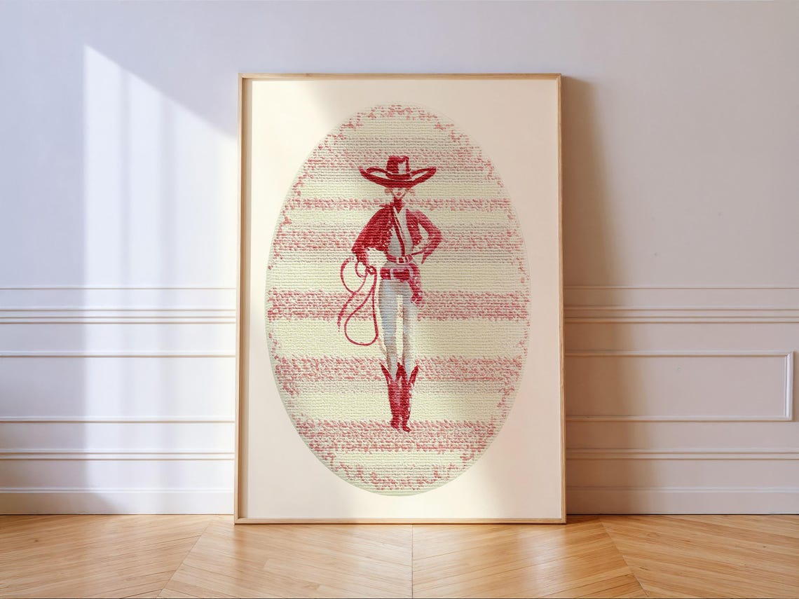 Red Monochrome Cowboy Oval Cameo Striped Western Decor Poster