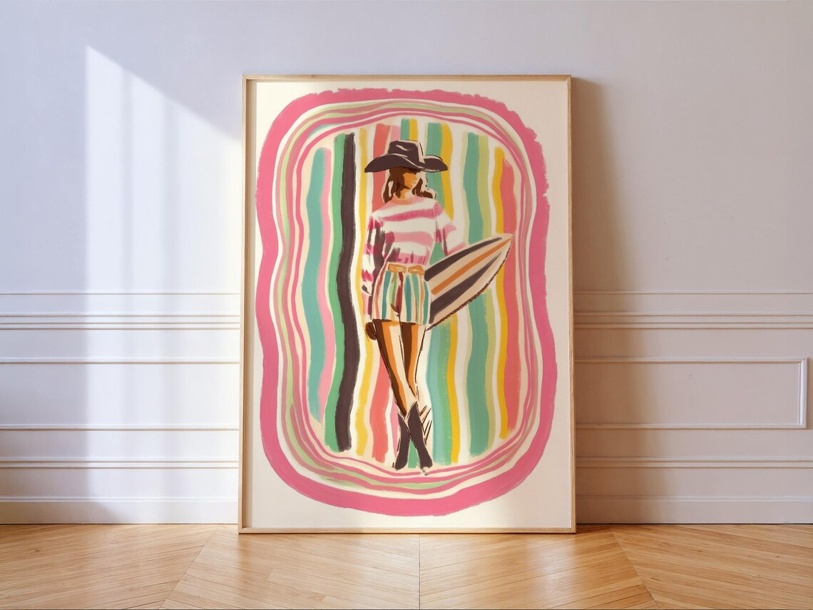 Cowgirl Surfer In Cowboy Hat With Surfboard Pink Retro Stripes Poster