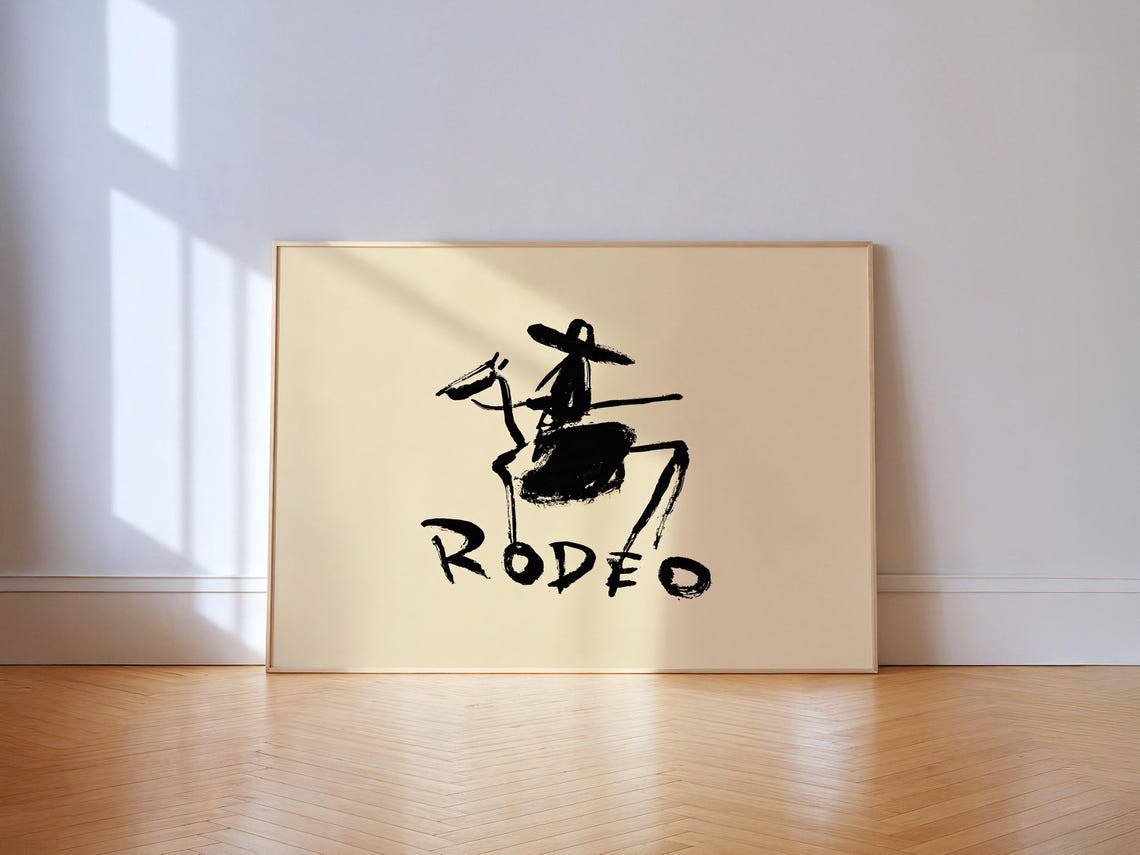 Rodeo Horse Rider Black Ink Minimalist Western Sketch Wall Art