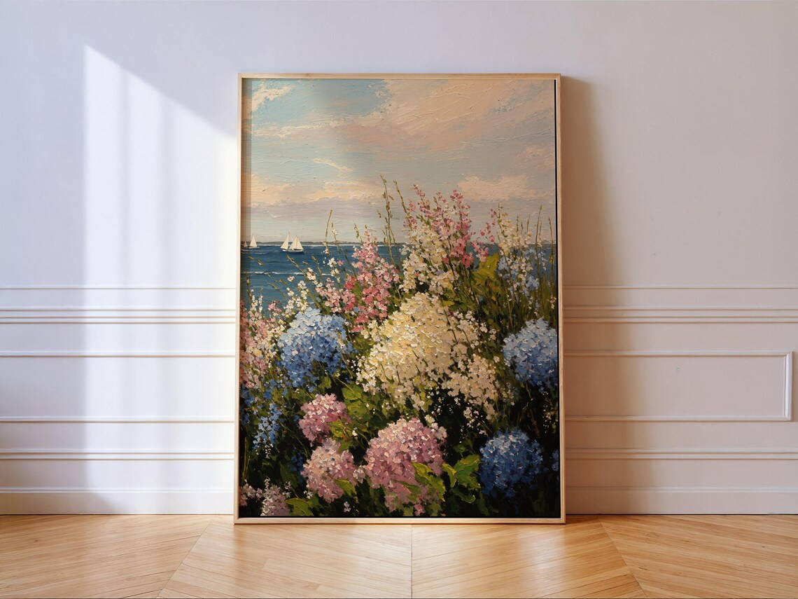 Coastal Hydrangea Garden Art Print, Floral Decor