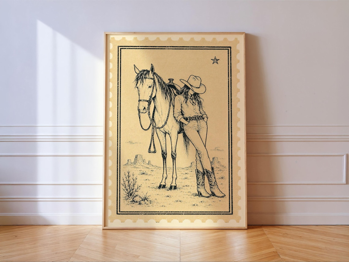 Desert Cowgirl Leaning on Horse Vintage Stamp Style Western Poster