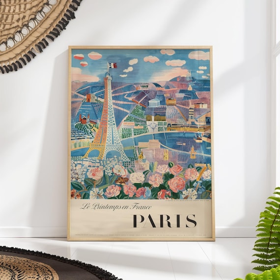 Vintage Paris Poster Springtime In France Print Retro Travel Wall Art Cityscape Decor