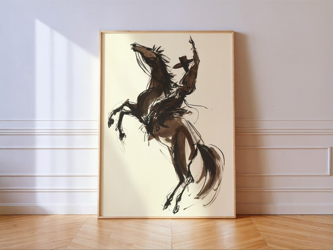 Bucking Bronco Western Horse Sepia Ink Rodeo Cowboy Sketch Poster