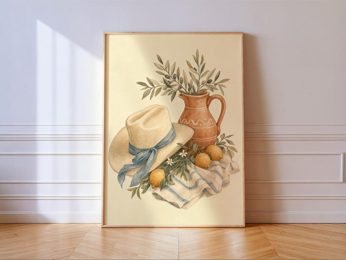 Coastal Cowgirl Still Life Cowboy Hat Lemon Olive Pitcher Poster