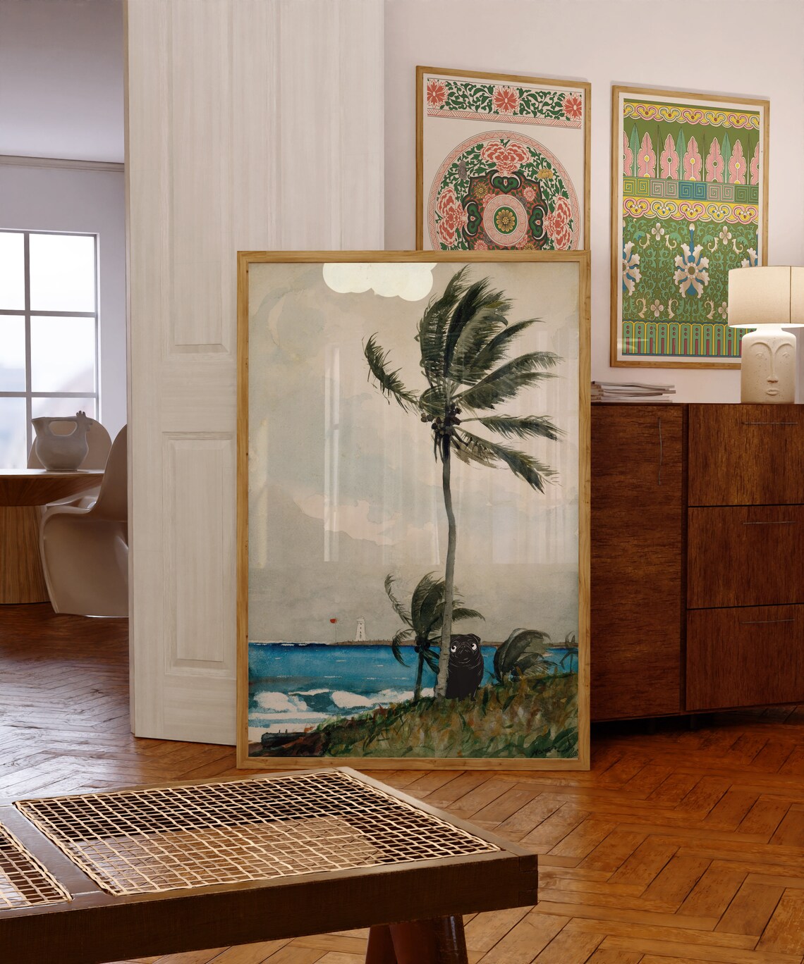 Black Pug Palm Tree Coastal Art Print