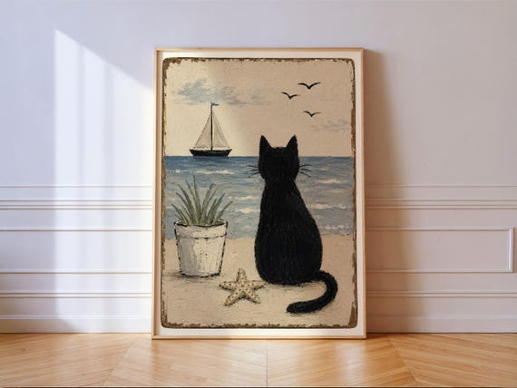 Black Cat Beach Print Coastal Sailboat Ocean Folk Art Nautical Wall