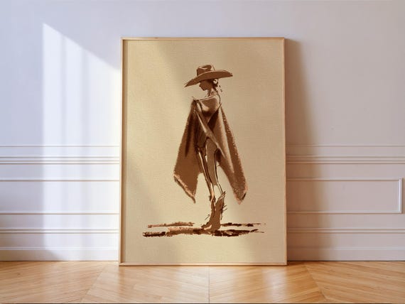 Coastal Cowgirl Print Beach Western Wall Art Sepia Ink Sketch