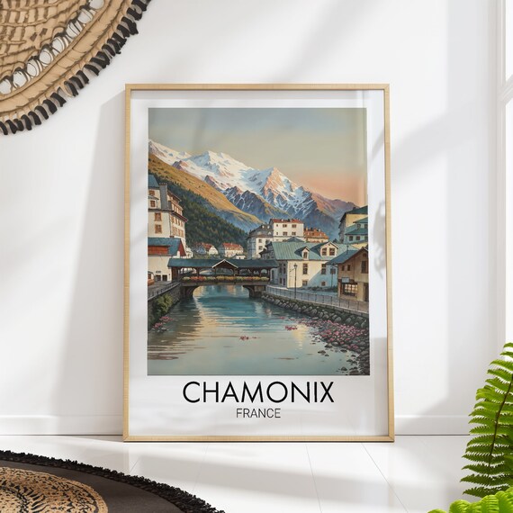 Chamonix France Alpine River Mountain Town Vintage Travel Poster