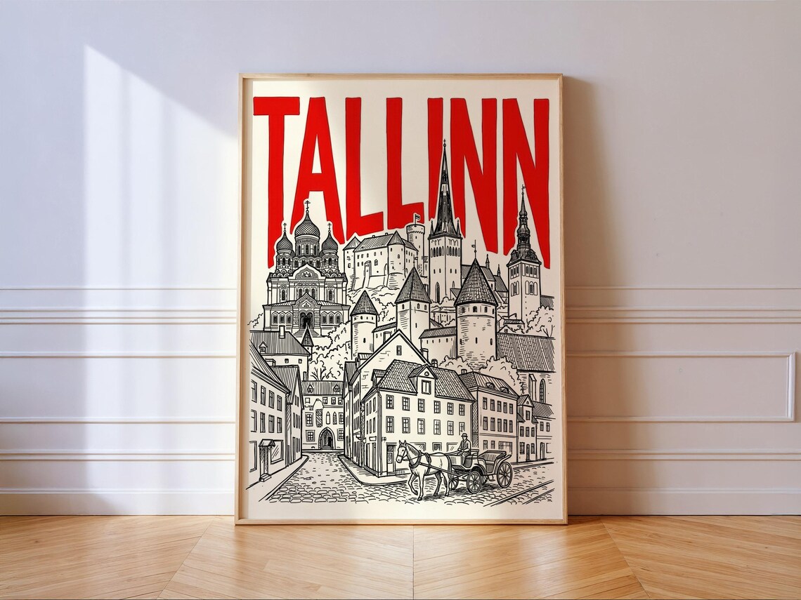 Tallinn Old Town Ink Skyline Horse Carriage Vintage Travel Poster