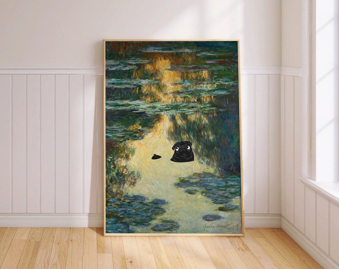 Pug Art Print, Funny Monet Parody Dog Decor