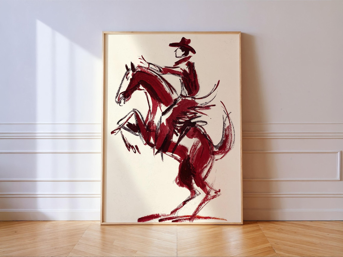 Burgundy Bucking Bronco Cowboy Abstract Sketch Western Horse Art Poster