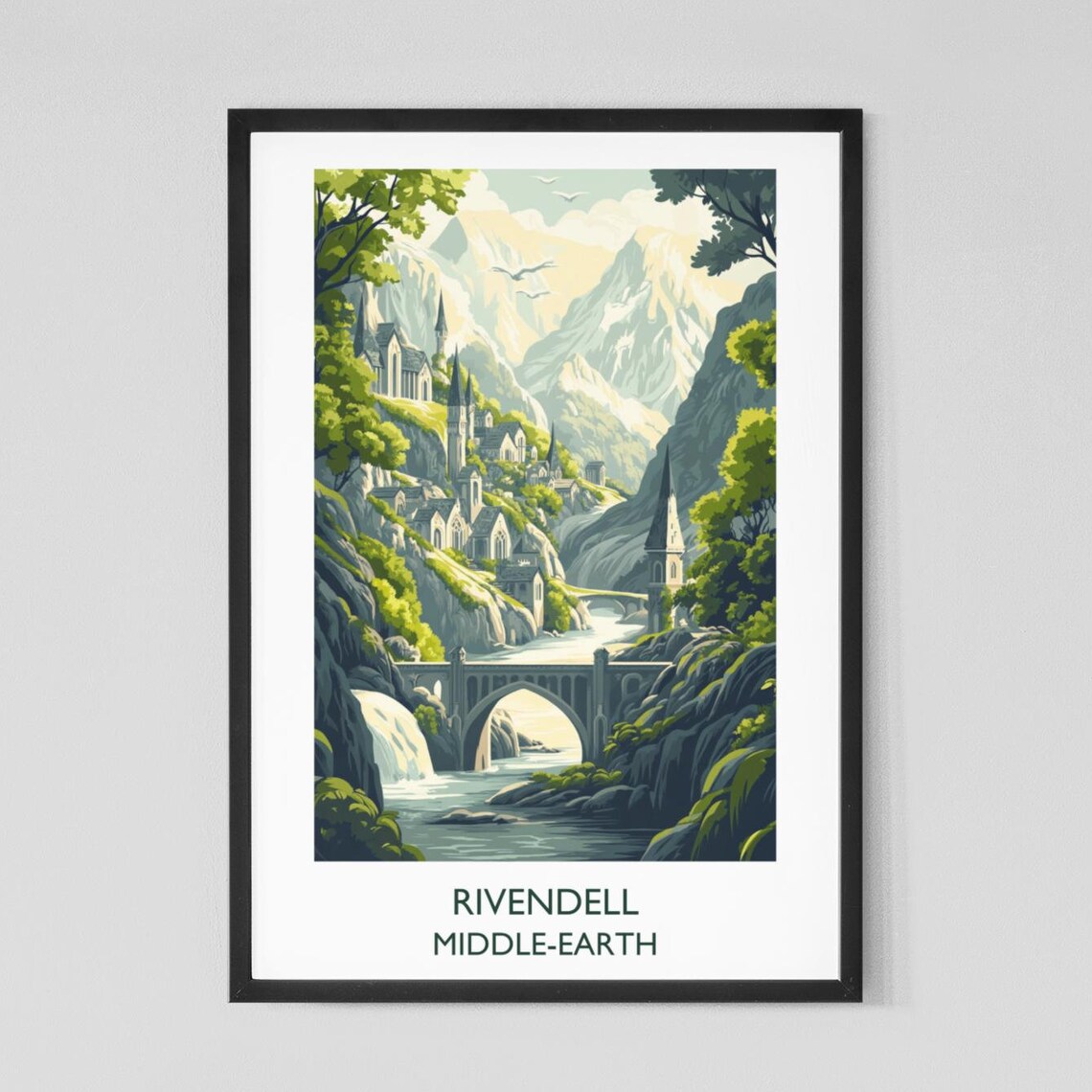 Rivendell Middle Earth Elven City Waterfall Bridge Fantasy Travel Poster