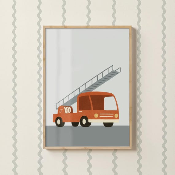 Retro Firetruck Print Vehicle Nursery Prints Construction Baby Boy Room Decor Playroom Car Transportation Set Transport