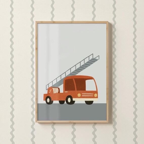 Retro Red Fire Truck Ladder Kids Vehicle Nursery Classic Print