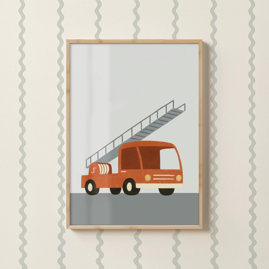Retro Red Fire Truck Ladder Kids Vehicle Nursery Classic Print