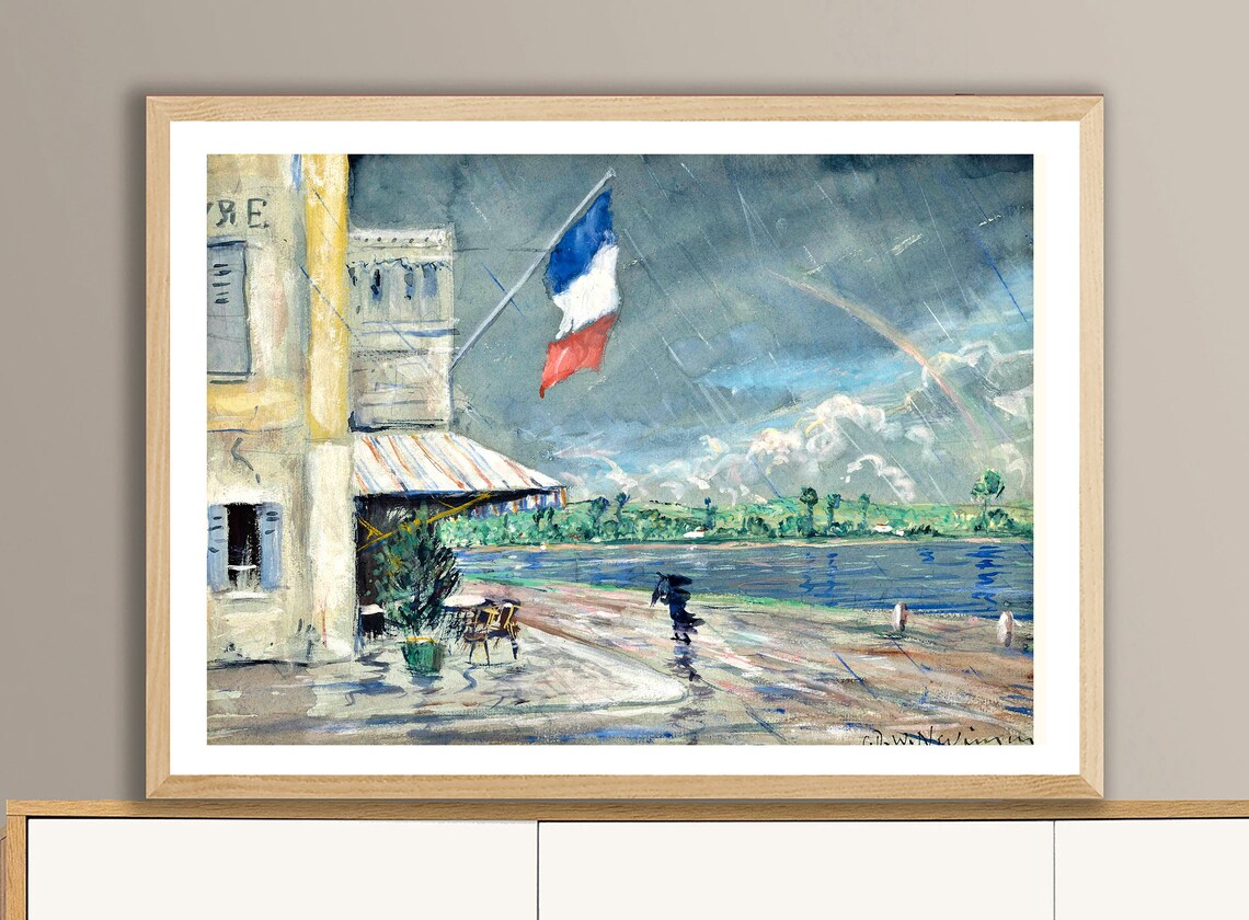 Stormy French Cafe In The Rain Flag Lakeside Watercolor Art Poster