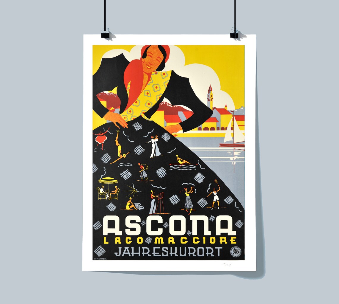 Ascona Lago Maggiore Swiss Art Deco Dancer Skirt Vintage Travel Poster - Image 2