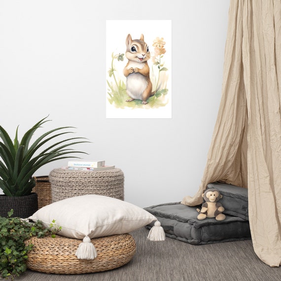 Cute Chipmunk Poster Baby Art Nursery Watercolor Adorable Animal Childrens Room Wall