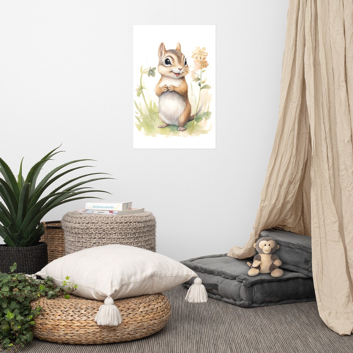 Happy Chipmunk Watercolor Nursery Woodland Baby Animal Kids Wall Decor Poster