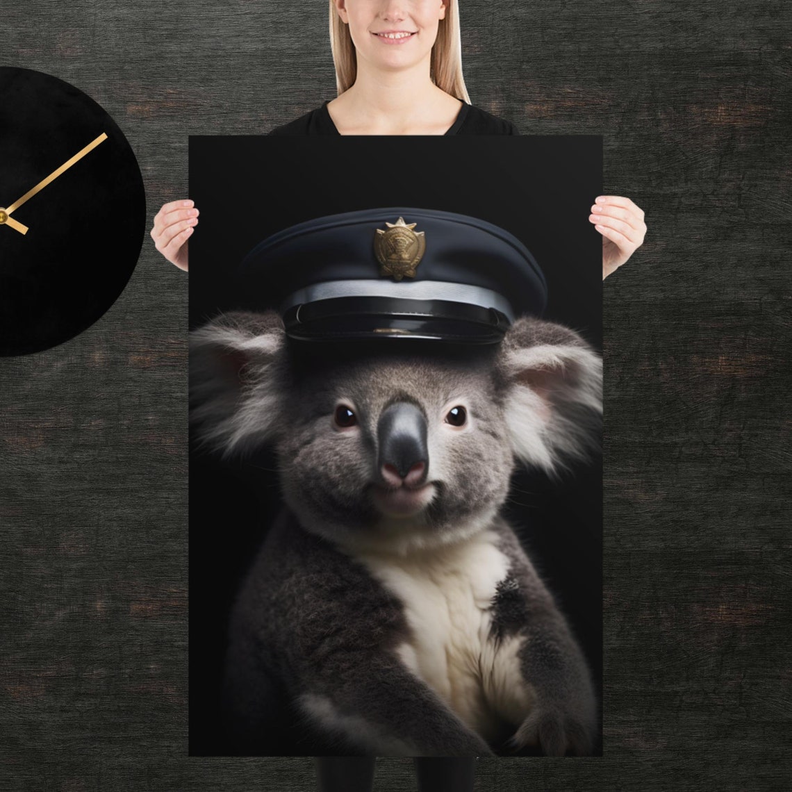 Koala Wearing A Police Cap With Gold Badge Dark Studio Portrait Poster