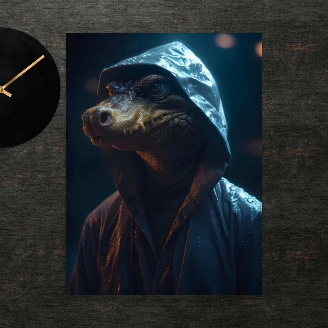 Crocodile in Dark Hooded Raincoat Funny Animal Rainy Night Poster