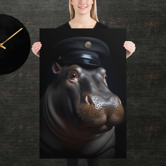 Police Hippo Cute Animal Poster Fancy Portrait Unique Art Detective