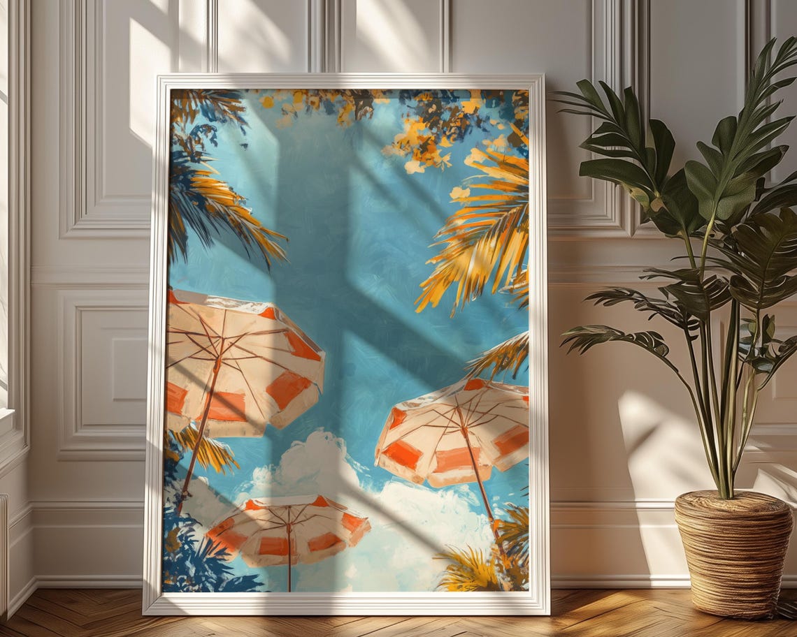 Striped Beach Umbrellas Blue Sky Palm Fronds Summer View Poster - Image 3