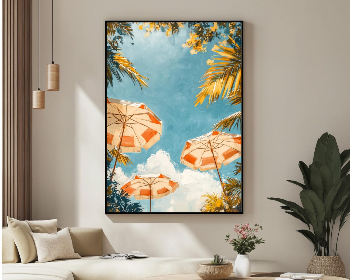 Striped Beach Umbrellas Blue Sky Palm Fronds Summer View Poster - Image 4