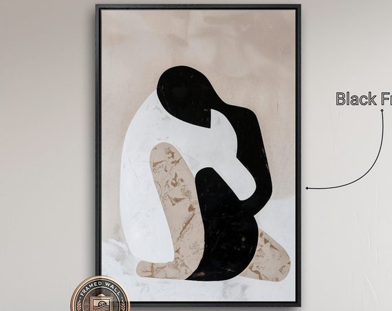 Minimalist Abstract Figure Framed Print Geometric Shapes Wall Art Black White Beige Painting Print Elegant Decor Ready To Hang