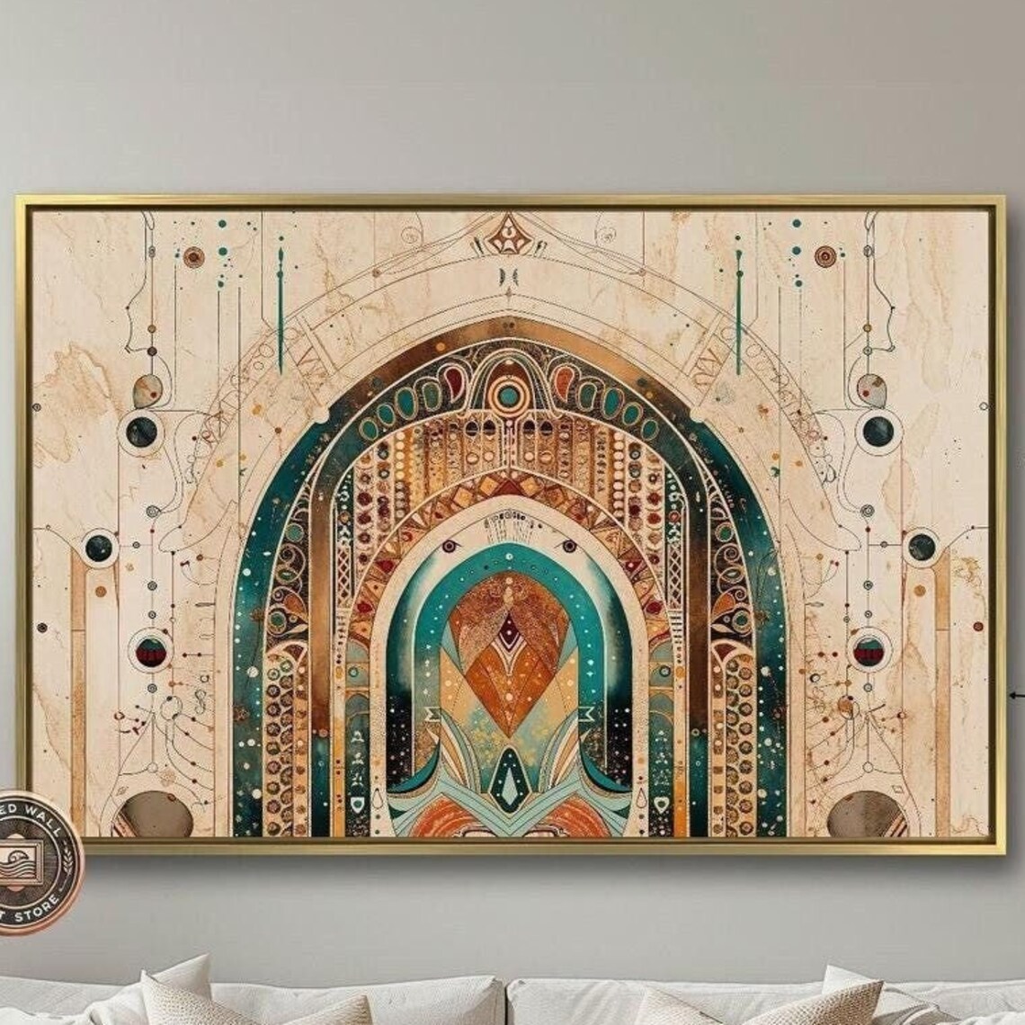Bohemian Ornate Arch Mandala Teal Gold Geometric Mystical Art Poster