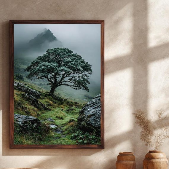 Misty Mountain Tree Canvas Wall Art Solitary Nature Landscape Print Moody Foggy Forest Artwork For Rustic And Calm Home Decor