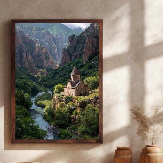 Ancient Stone Monastery Canvas Wall Art With Mountain Valley And River Landscape Historic Nature Print For Living Room Decor