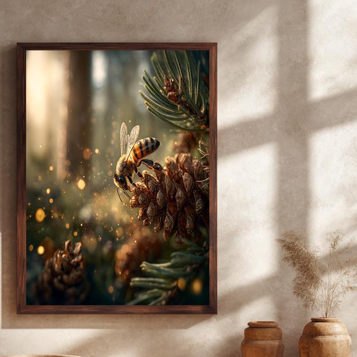 Honeybee Pine Cone Golden Forest Macro Nature Photography Poster