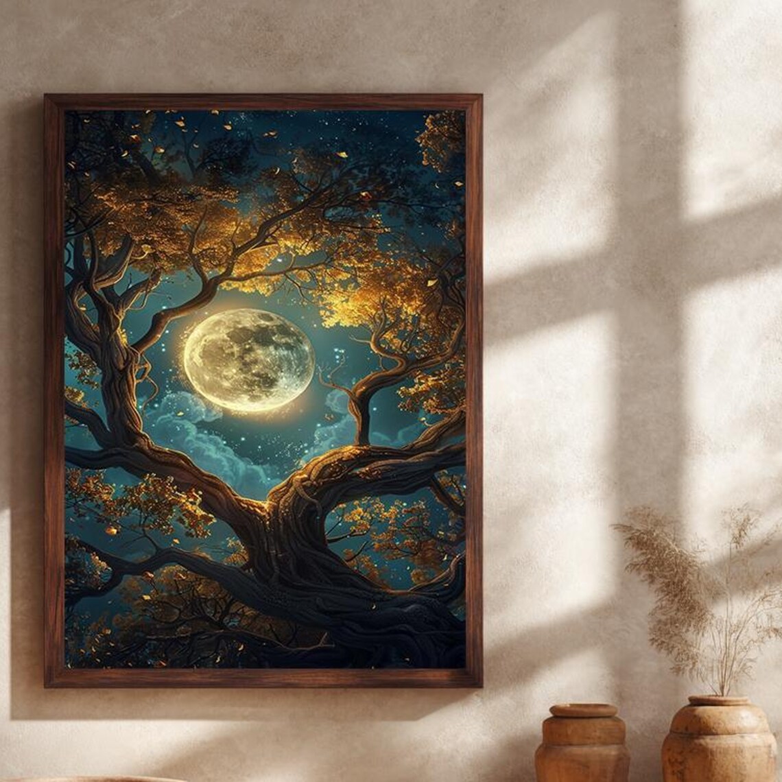 Golden Moonlit Enchanted Tree Full Moon Fantasy Night Wall Art