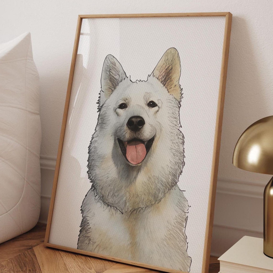 Custom Dog Portrait Sketch White Shepherd Style Smiling Pet Wall Art