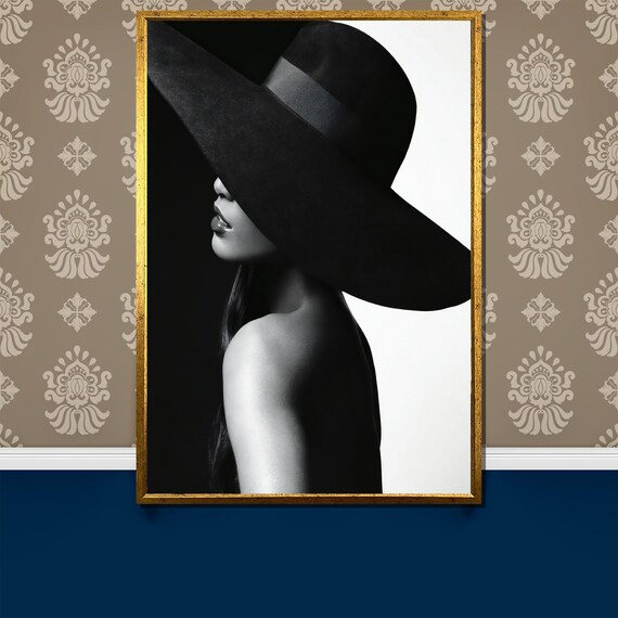 Mysterious Woman In Black Hat Black And White Fashion Art Poster