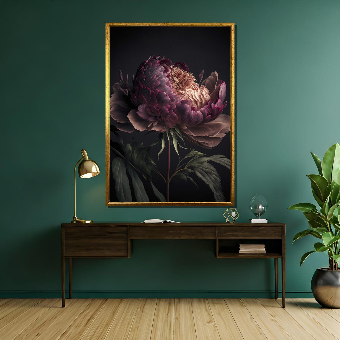 Dark Burgundy Peony Bloom on a Moody Black Background Poster - Image 5