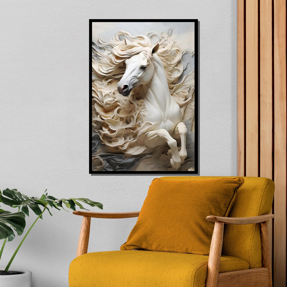Graceful White Horse Painting, Textured Wall Art - Image 4