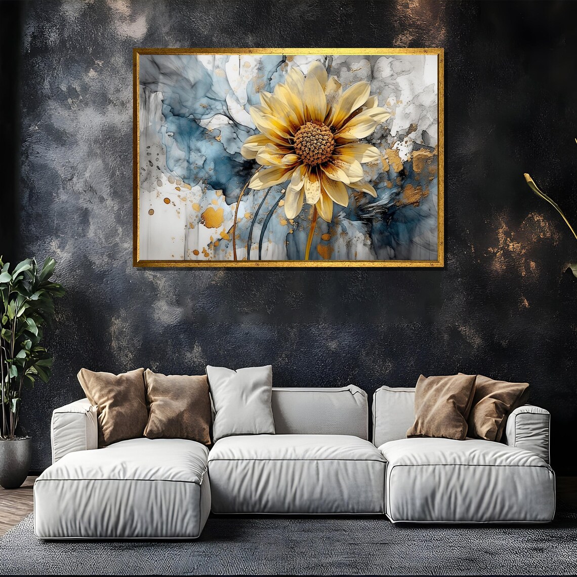 Watercolor Sunflower Bloom with Gold Accents on Abstract Blue Poster - Image 5