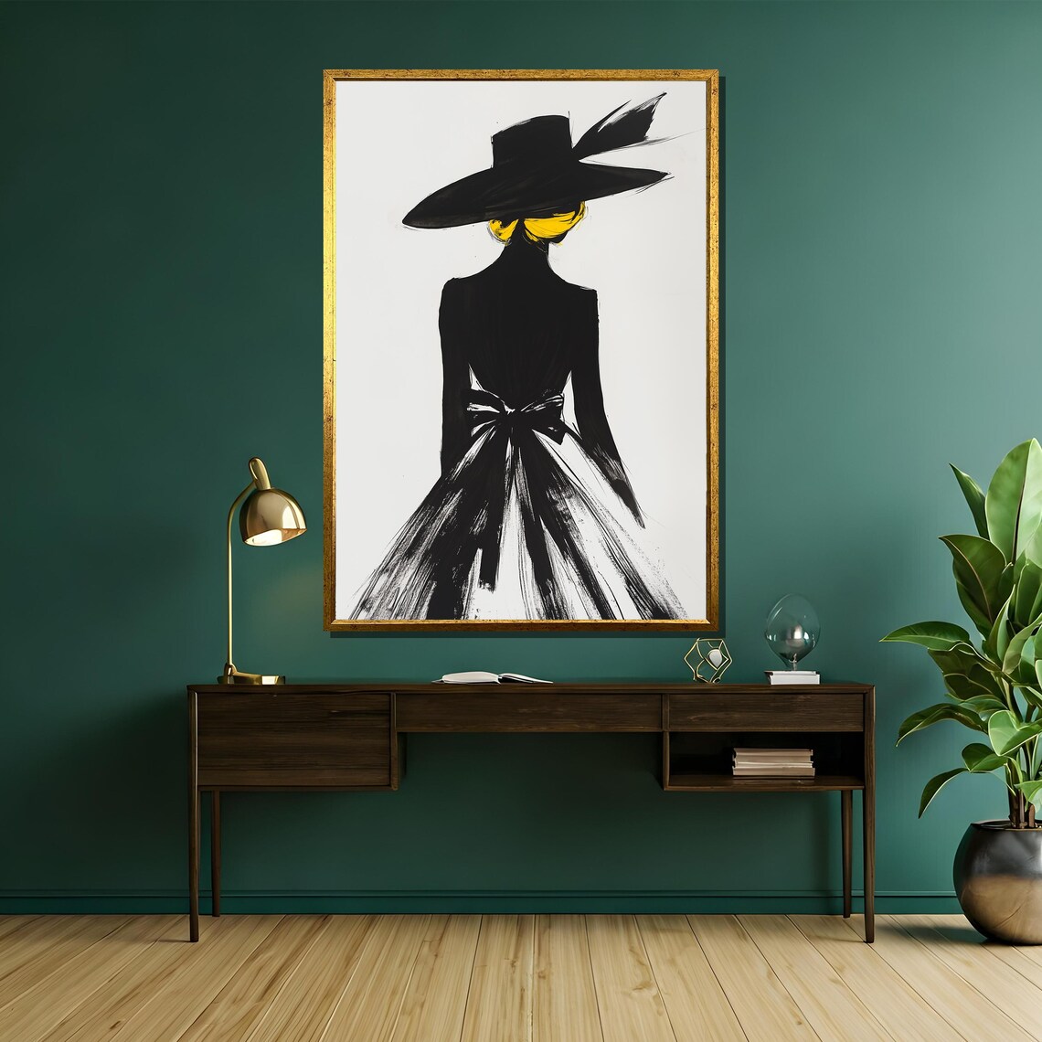 Fashion Lady in Black Dress and Wide Hat Silhouette on White Poster - Image 5