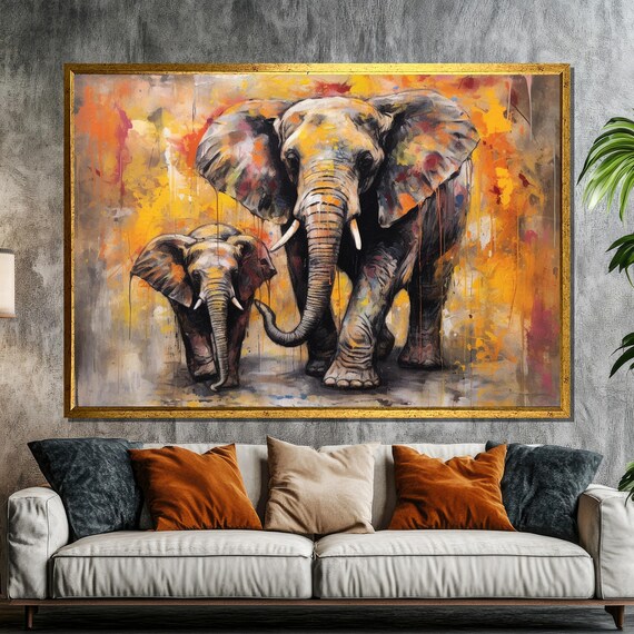 Mother and Baby Elephant Colorful Safari Wildlife Art Poster