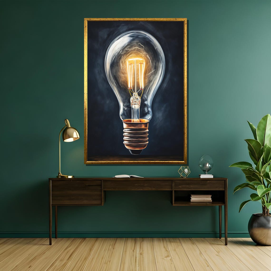 Glowing Vintage Edison Light Bulb on Dark Background Oil Poster - Image 5